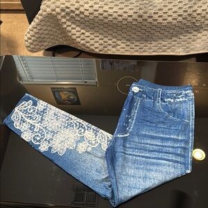 Women's Blue Jean look leggings with White Lace-look Detail